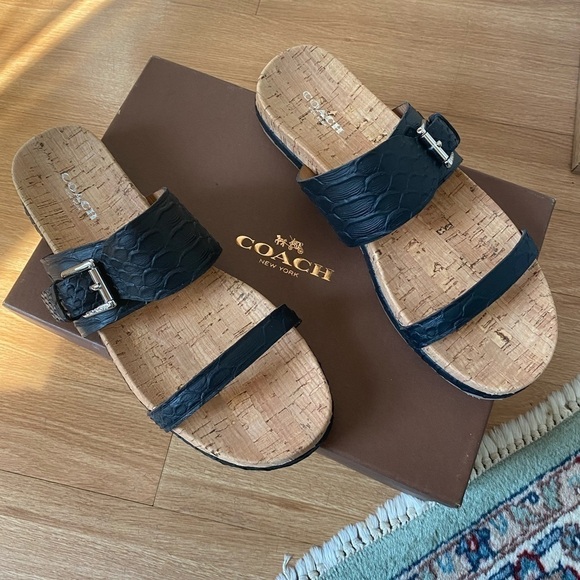 Coach New Women’s Size 9 Sunny Cut Snake Black Leather Cork Sandal Slides NIB - Picture 11 of 14